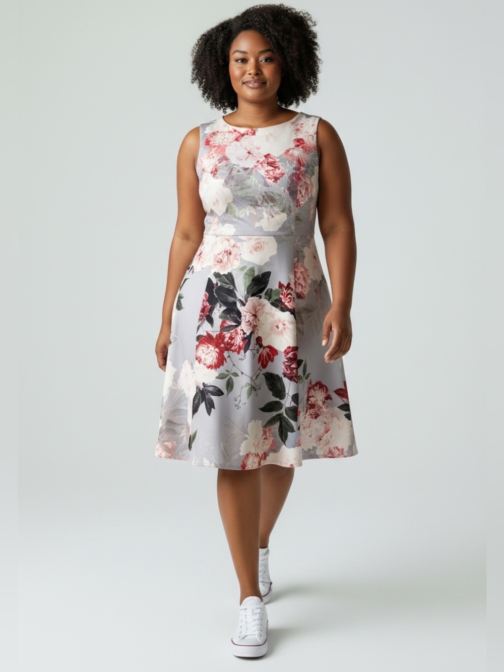 Calvin Klein Floral Fit-and-Flare Dress in Cream, Grey, and Pink